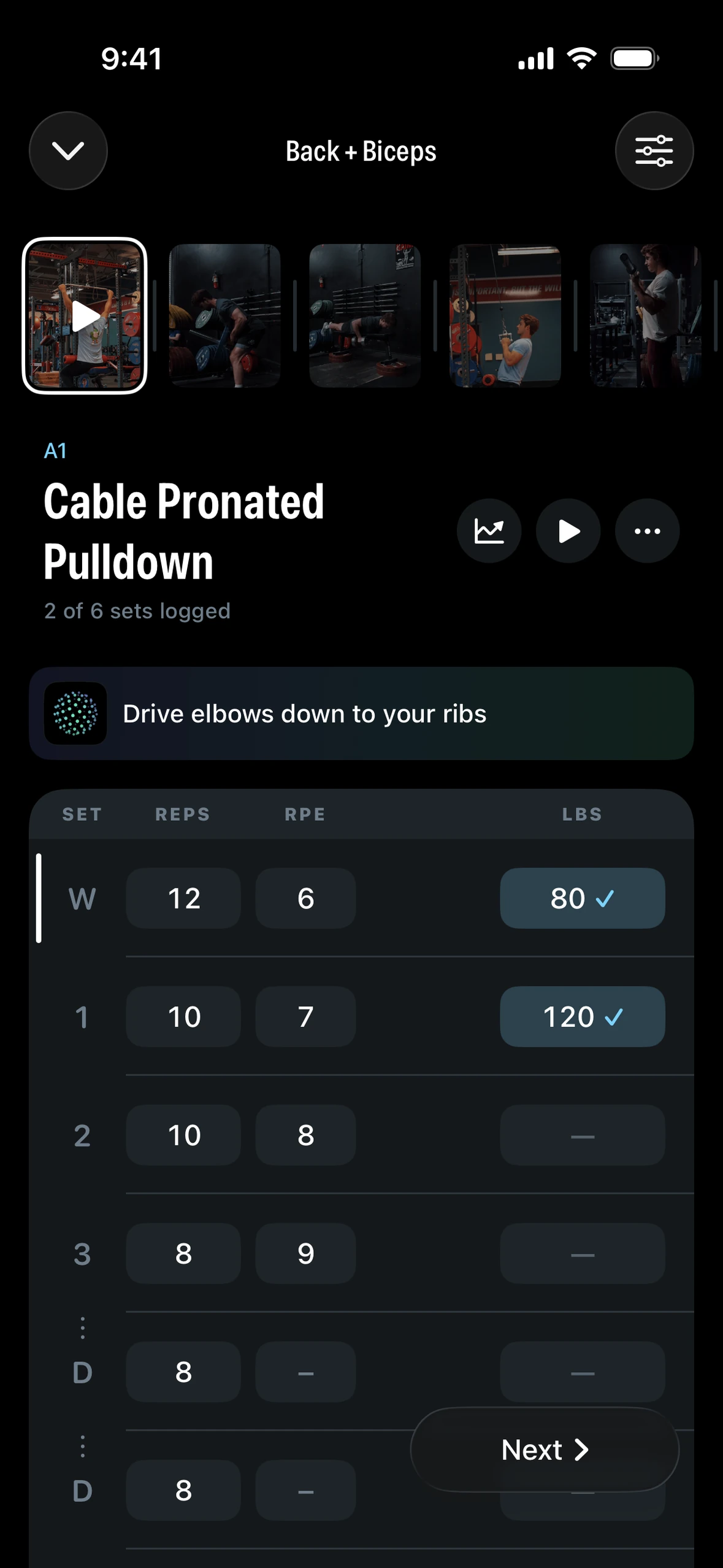 A session: Cable Pronated Pulldown with a coaching cue, a warm-up, three working sets and two drops, two sets logged